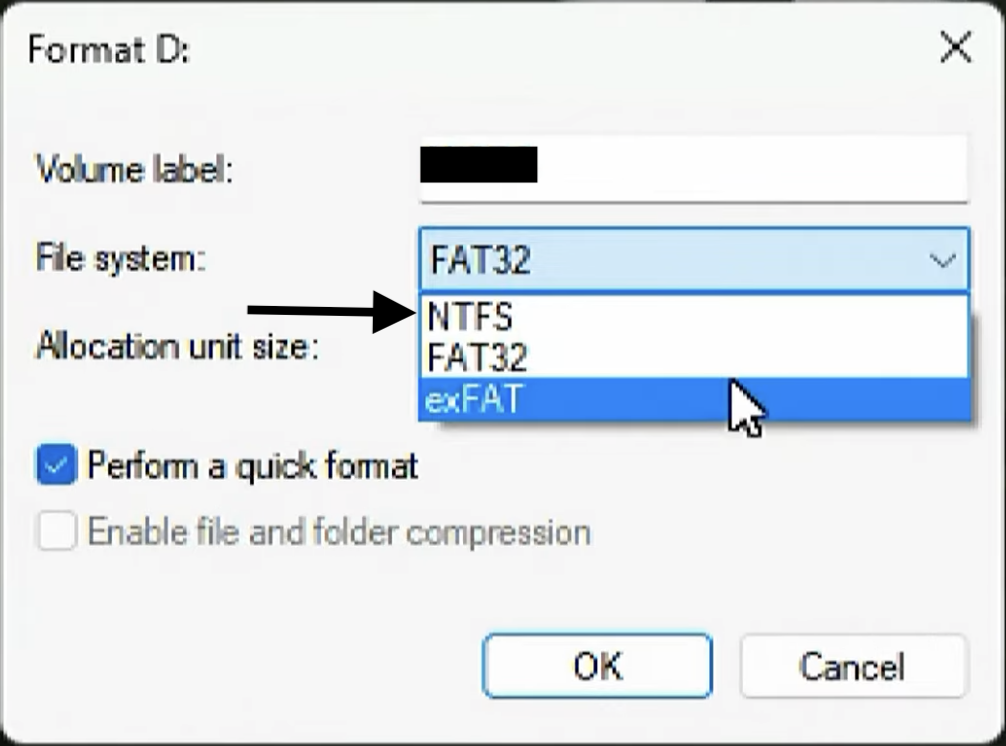 select NTFS or exFAT and just give it one big partition